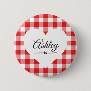 Valentine's Day Red Gingham Heart Custom Name 2 Inch Round Button