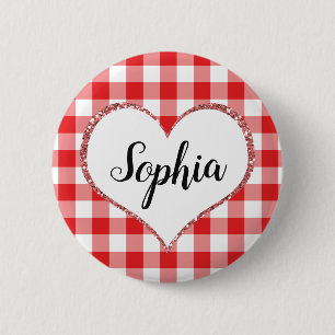 Valentine's Day Red Gingham Heart Custom Name 2 Inch Round Button