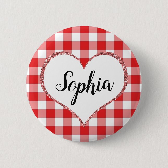 Valentine's Day Red Gingham Heart Custom Name 2 Inch Round Button (Front)