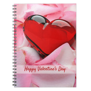 Valentine's Day Red Glass Heart Rose Petals Notebook