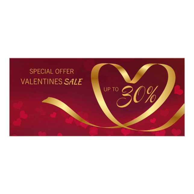 Valentine's Day Red Gold Heart Ribbon Discount Rack Card (Front)