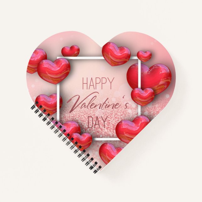 Valentines Day Red Heart Glitter Spiral Notebook (Front)