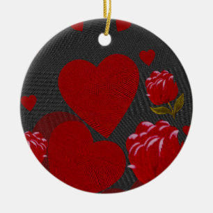 Valentine's day, red heart, red rose on grey ceramic ornament