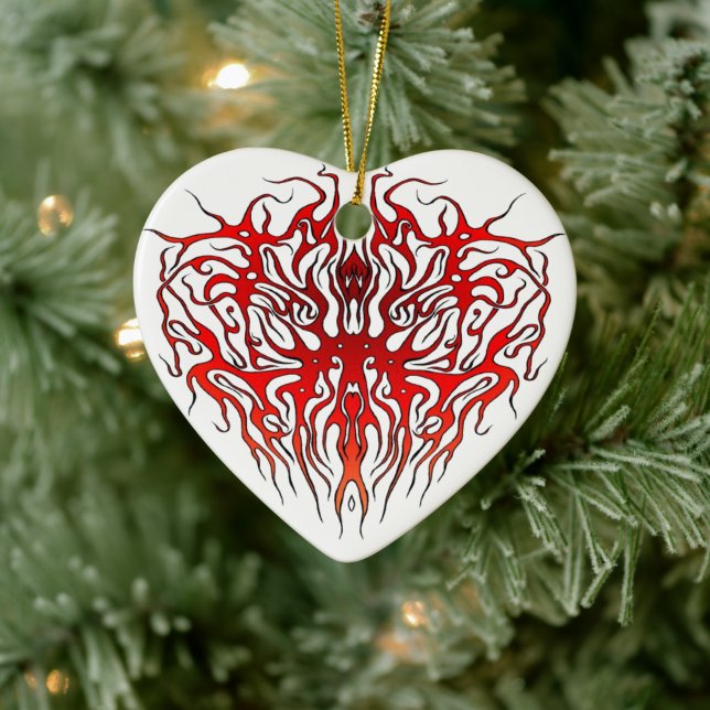 Valentine's Day Red Heart Tribal Tattoo Ceramic Ornament (Tree)