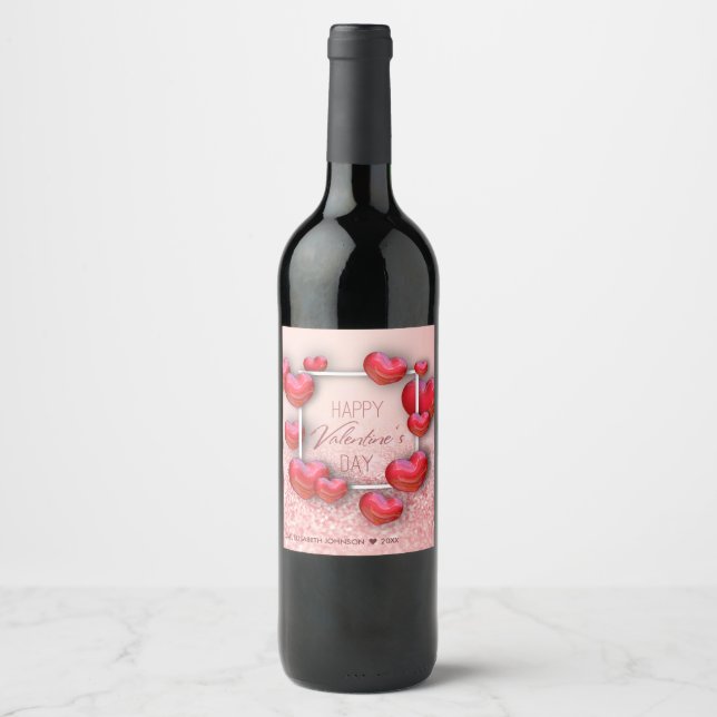 Valentine's Day Red Hearts Glitter - Wine Label (Front)