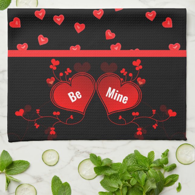  Valentine's Day Red Hearts on Black Kitchen Towel (Folded)