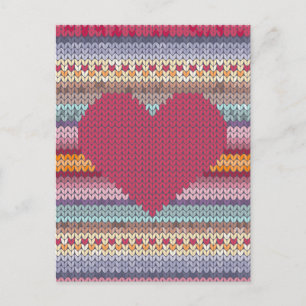 Valentines day red knitted heart holiday postcard