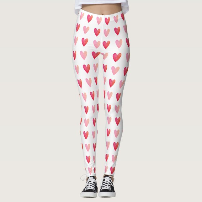 Valentines Day Red Pink Heart Pattern Leggings (Front)