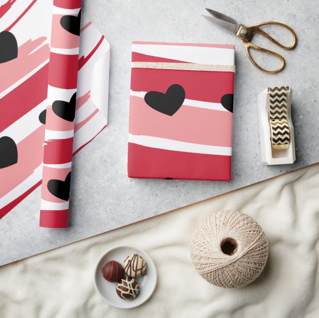 Valentines Day Red Pink Stripes Black Hearts  Wrapping Paper (Crafts)