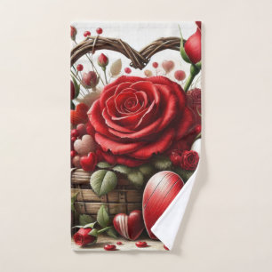 Valentine's Day Red Rose and Hearts  Hand Towel