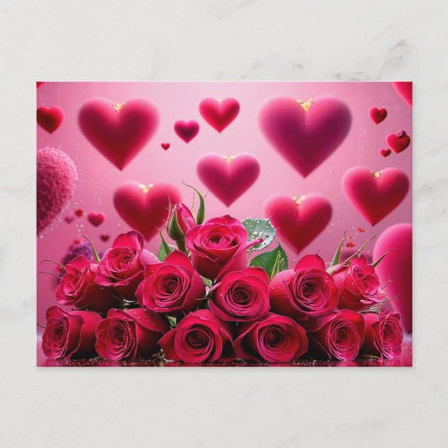 Valentine's Day Red Roses and Hearts Holiday Postcard (Front)