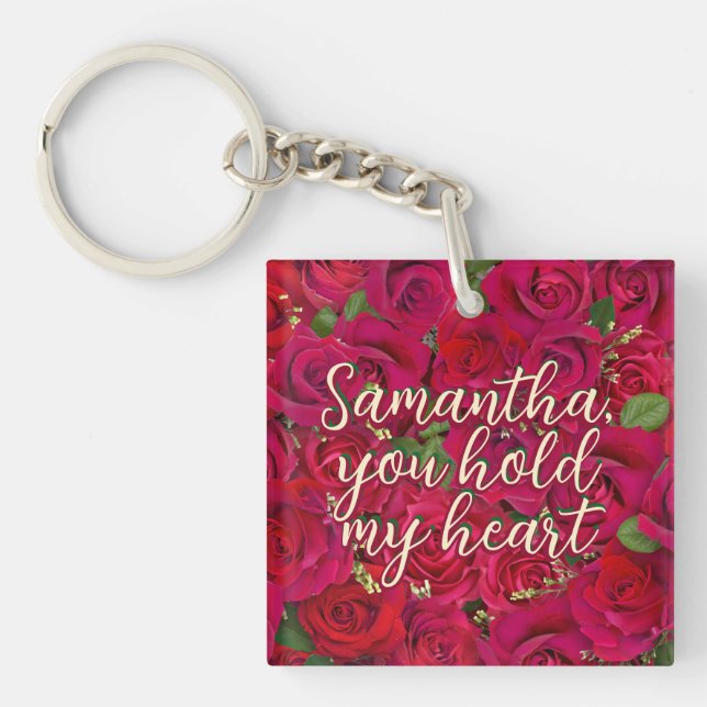 Valentine's Day Red Roses Custom Message  Keychain (Front)