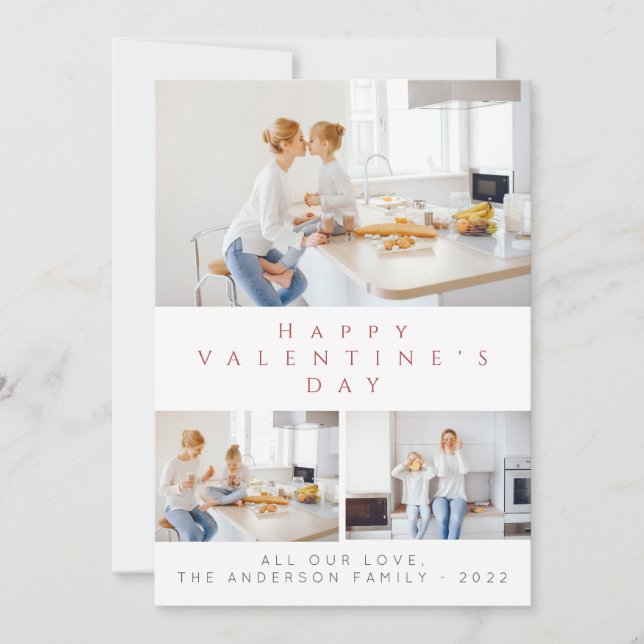 Valentine's Day  Red Script 3 Collage Multi-Photo Holiday Card (Front)