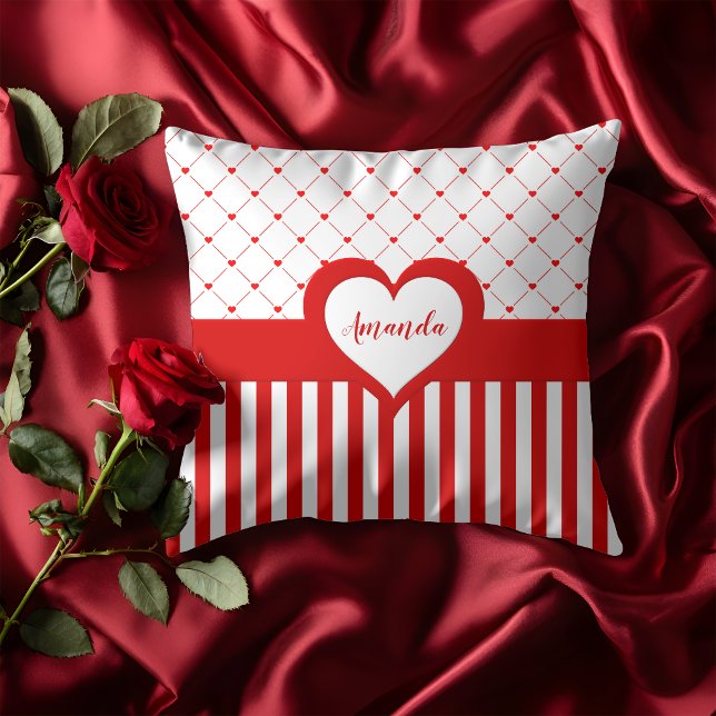 Valentine's Day Red White Heart Striped Pattern Throw Pillow (Creator Uploaded)