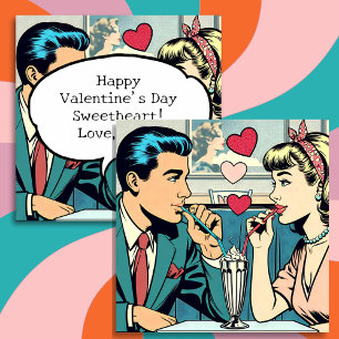 Valentine's Day   Retro Couple Drinking Milkshakes Holiday Card