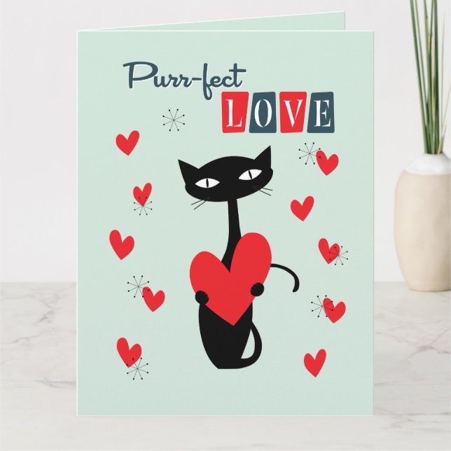 Valentines Day Retro Mid Century Cat Card (Front)