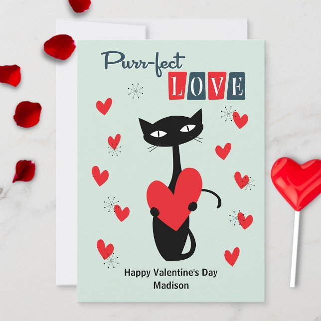 Valentines Day Retro Mid Century Cat Holiday Card (Creator Uploaded)