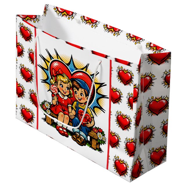Valentine's Day | Retro Pop Art Boy and Girl Large Gift Bag (Front Angled)