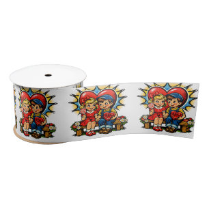 Valentine's Day   Retro Pop Art Boy and Girl Satin Ribbon