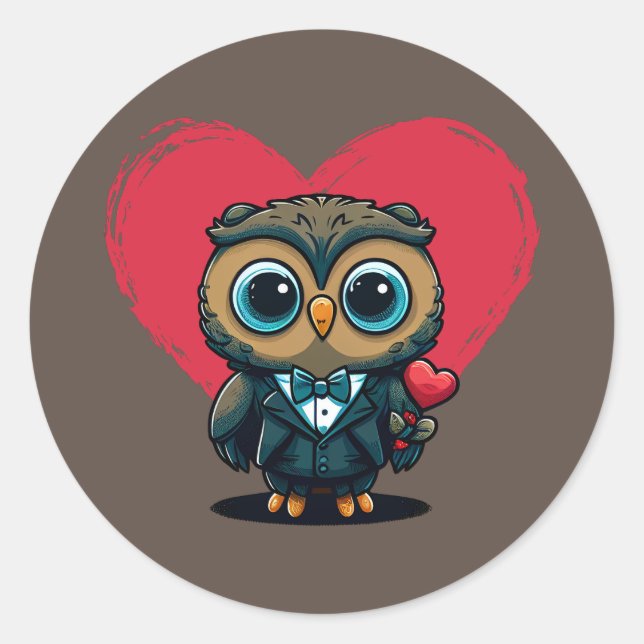 Valentine's Day Romance with Adorable Owl Groom Classic Round Sticker (Front)
