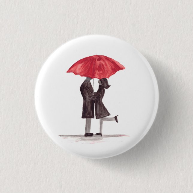 Valentine's day romantic couple with red umbrella 1 inch round button (Front)