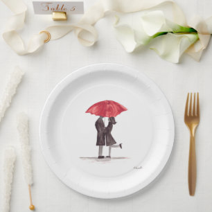 Valentine's day romantic couple with red umbrella  paper plate