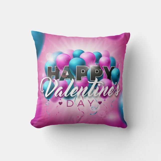 Valentine's Day Romantic Pink and Blue Balloon Throw Pillow (Front)