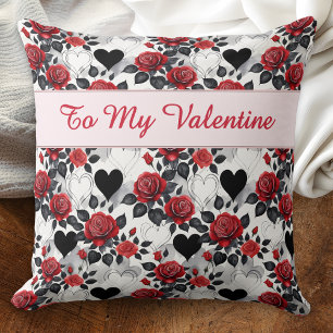 Valentine's Day Romantic Red Roses Black Hearts Throw Pillow