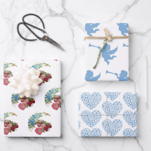 Valentines Day Romantic Rose Cupid Hearts Blue Art Wrapping Paper Sheet