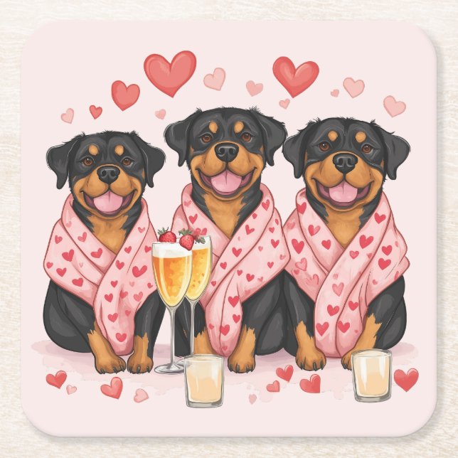 Valentines Day Rottweiler Dogs Square Paper Coaster (Front)