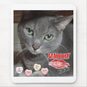Valentine's Day Russian Blue Grey Cat Mouse Pad