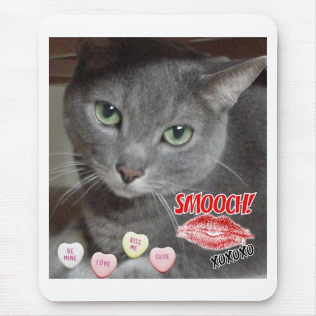 Valentine's Day Russian Blue Grey Cat Mouse Pad (Front)