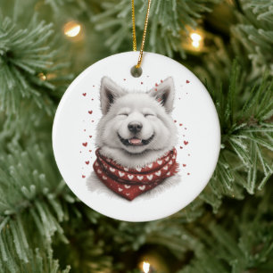 Valentines Day Samoyed Dog Ceramic Ornament