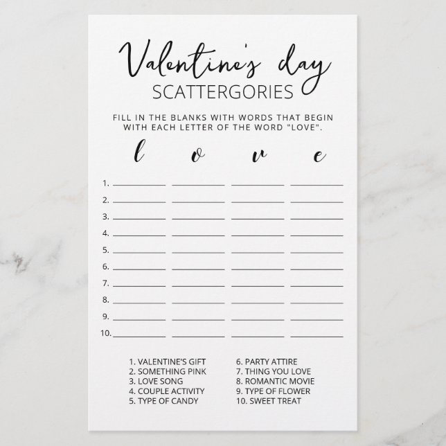 Valentine's day Scattergories editable game (Front)