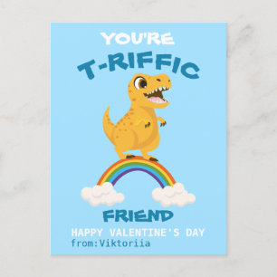 Valentine's day school t-rex dinosaur rainbow  holiday postcard