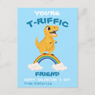 Valentine's day school t-rex dinosaur rainbow  holiday postcard