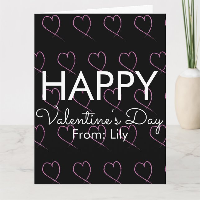 Valentines Day Scribble Hearts Pink Black    Card (Front)