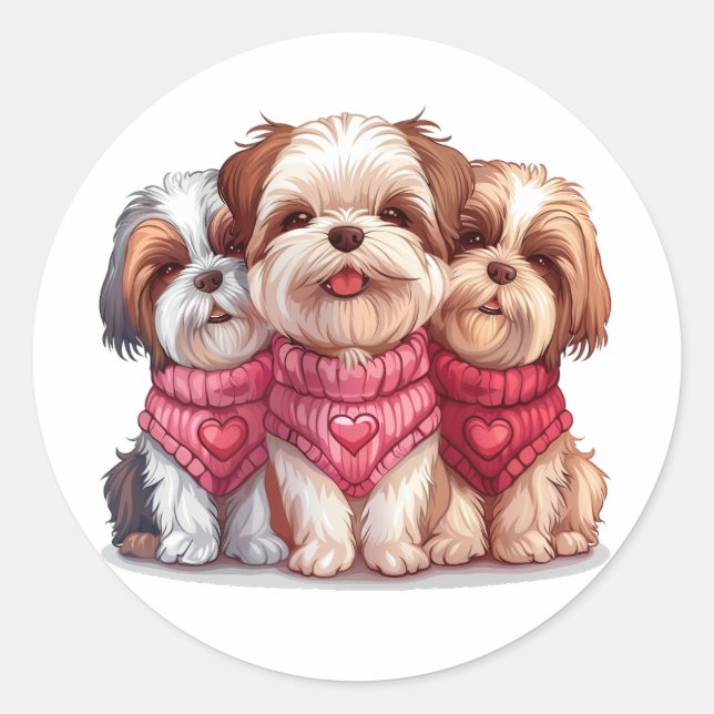 Valentines Day Shih Tzu Dogs Classic Round Sticker (Front)