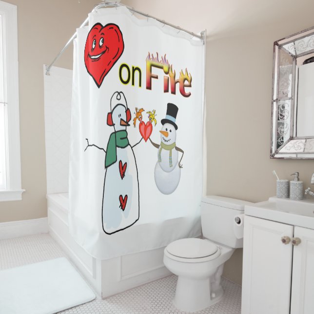 Valentine's Day Shower Curtain, Heart Fire Snowman (In Situ)