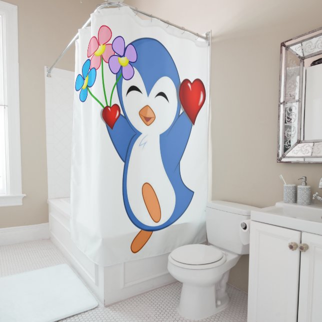 Valentine's Day Shower Curtain, Penguin (In Situ)