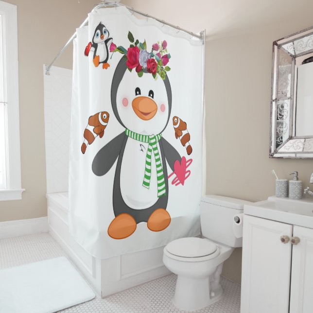 Valentine's Day Shower Curtain, Penguin (In Situ)