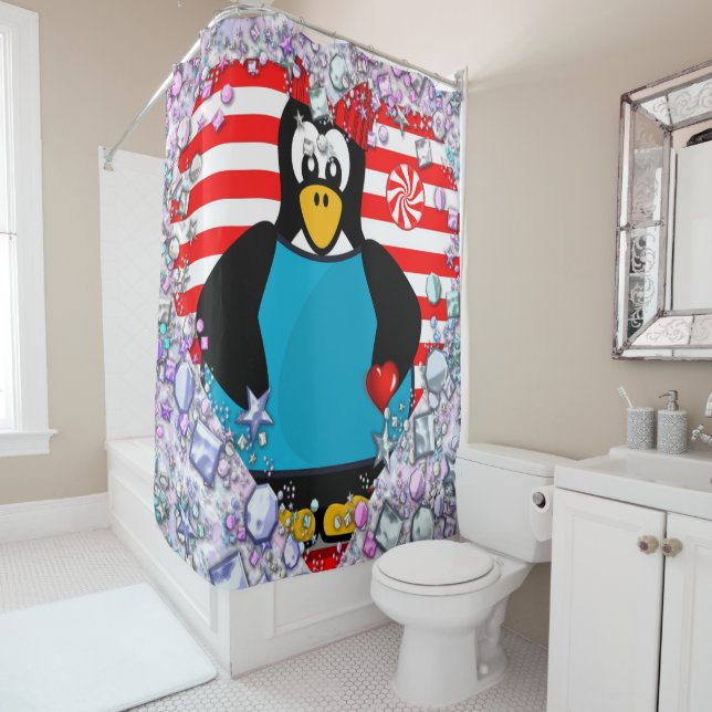 Valentine's Day Shower Curtain, Penguin (In Situ)