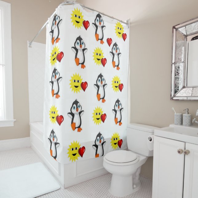 Valentine's Day Shower Curtain, Penguin (In Situ)
