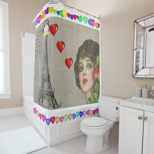 Valentine's Day Shower Curtain, Penguin (In Situ)