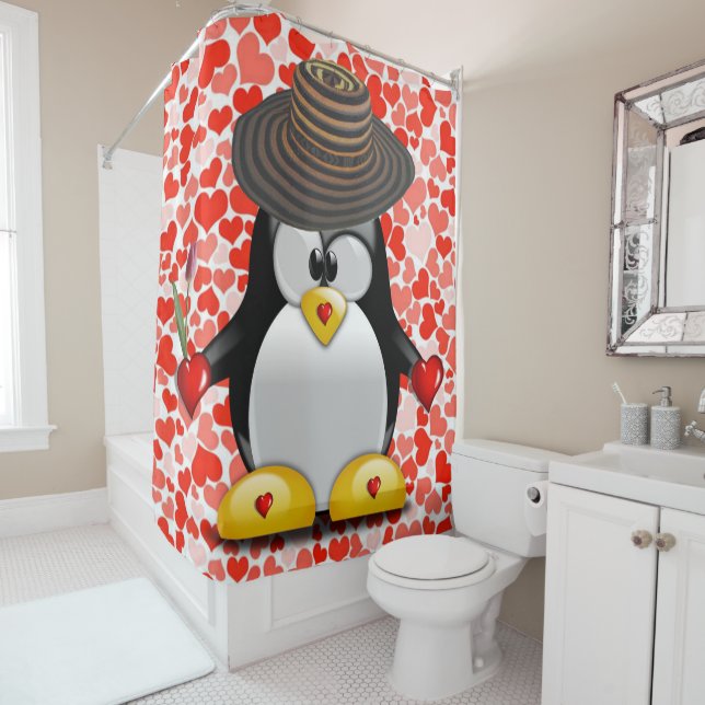 Valentine's Day Shower Curtain, Penguin (In Situ)