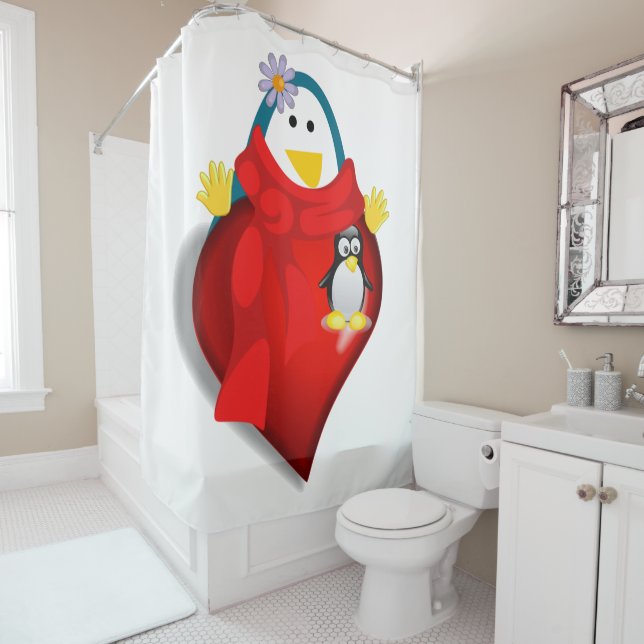Valentine's Day Shower Curtain, Penguin (In Situ)