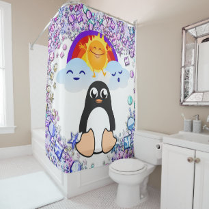 Valentine's Day Shower Curtain, Penguin SunRainbow