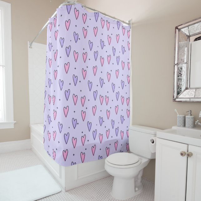 Valentine's Day Shower Curtain, Pink Purple Hearts (In Situ)