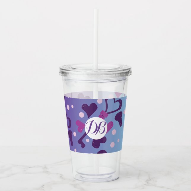 Valentines Day Skeleton Keys and Hearts Monogram Acrylic Tumbler (Front)