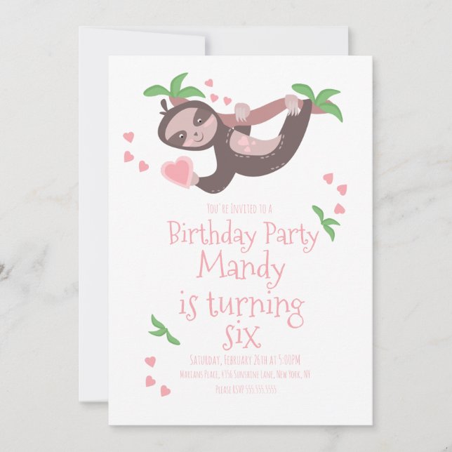 Valentines Day Sloth Birthday Party Hearts Invitation (Front)